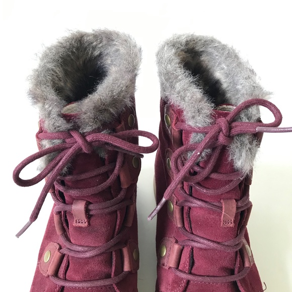 Sorel Explorer Joan Waterproof Boots Womens 8.5 Red Maroon Suede Faux Fur Snow - Picture 5 of 12